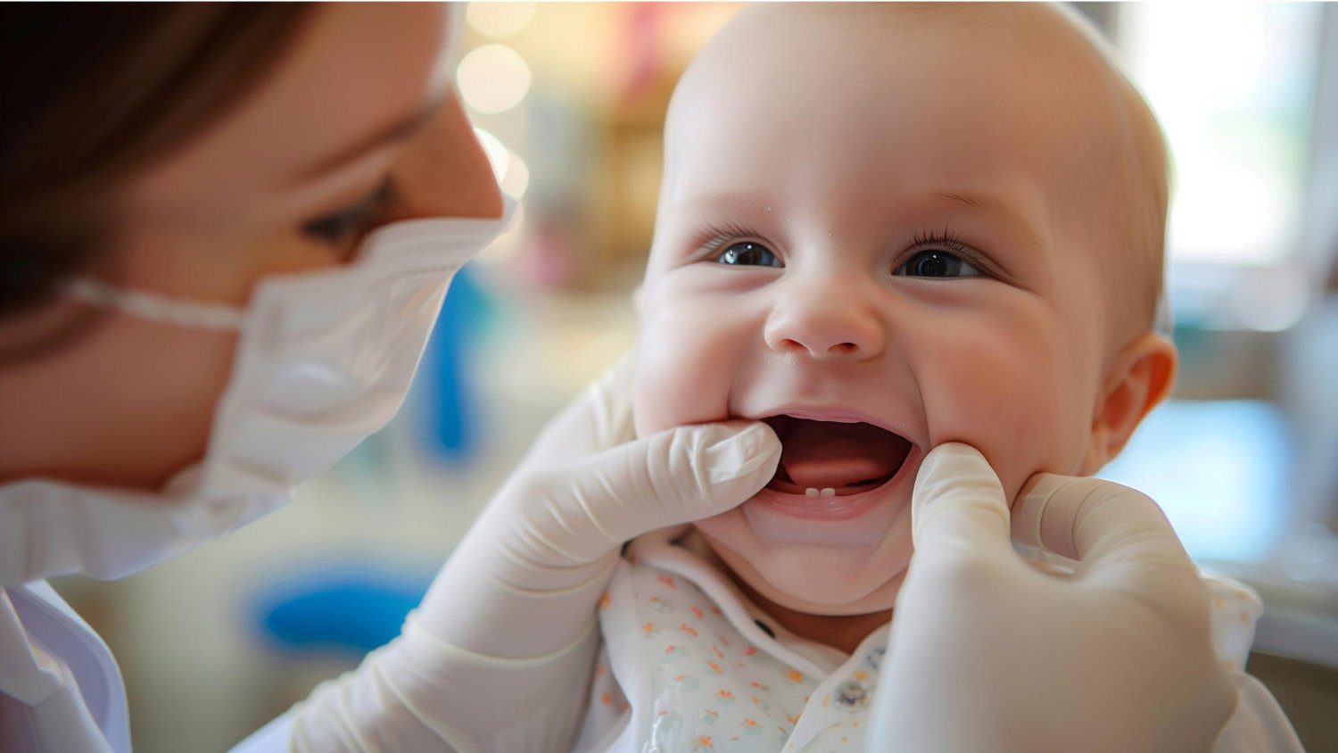 A dentist looking into a smiling one-year-old's mouth, which is the recommended age for the first dental visit